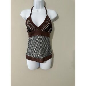 Trina Turk SILK‎ Halter Top Knit Brown Stripe Geometric Woven Sleeveless Size 0